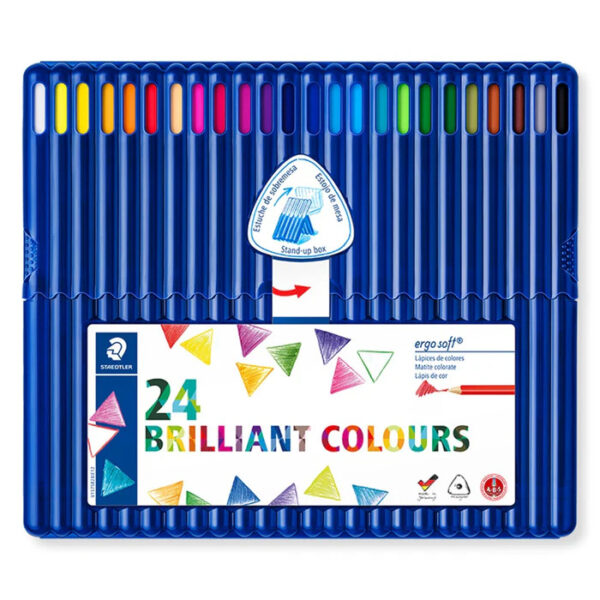 Caixa de 24 lápis de cor Staedtler Ergosoft triangulares com estojo stand-up