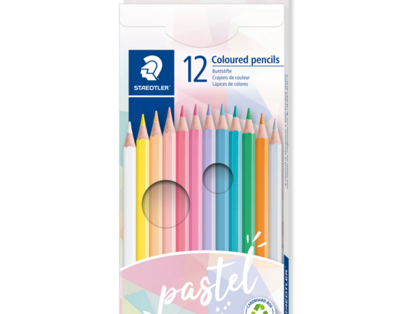 Caixa de 12 lápis de cor Staedtler pastel em tons suaves para desenho artístico.