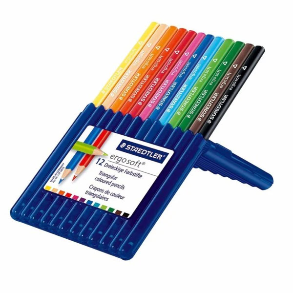 Estojo 12 lápis de cor Staedtler Ergosoft triangulares com sistema anti-quebra ABS.
