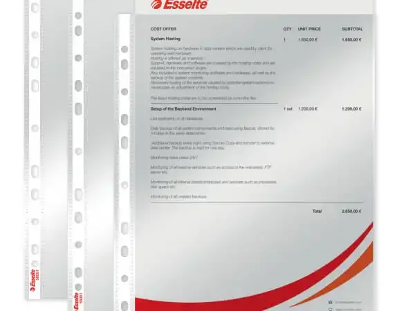 Configure o texto alternativo da imagem como "Bolsa catálogo Esselte A4 transparente com 11 furos