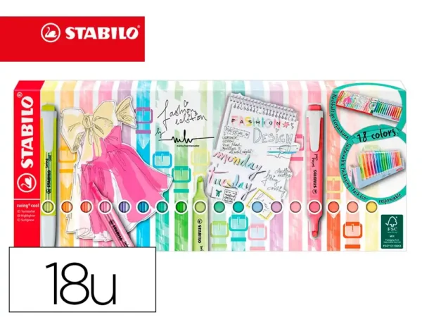Marcador fluorescente stabilo swing cool pastel deskset estojo de 18 unidades cores sortidas.