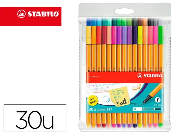 Marcador stabilo ponta de fibra point 88 estojo de 30 unidades sortidas.