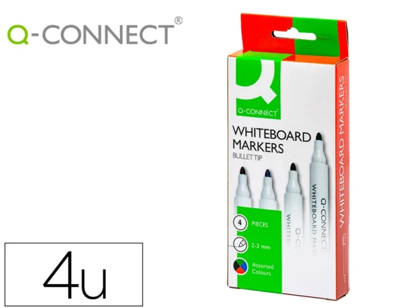 Marcador q-connect quadro branco 4 cores sortidas ponta redonda 3.0 mm.