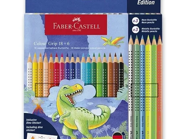 Lápis de Cor Grip Dinossauro 18 e 3 Neon Faber-Castell