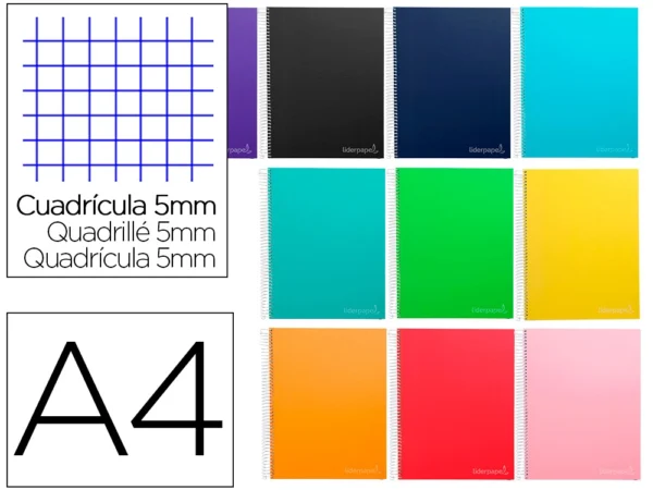 CADERNO ESPIRAL LIDERPAPEL DIN A4 JOLLY CAPA DURA 140 F 75 GR QUADRICOLADO 5 BANDAS DE CORES 4 FUROS CORES SORTIDAS - Image 1