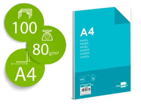 PAPEL LIDERPAPEL DIN A4 80 GR EMBALAGEM DE 100 FOLHAS