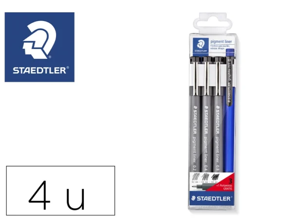 Conjunto de marcadores técnicos STAEDTLER e lapiseira 777 sobre papel de desenho.