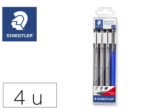 Conjunto de marcadores técnicos STAEDTLER e lapiseira 777 sobre papel de desenho.