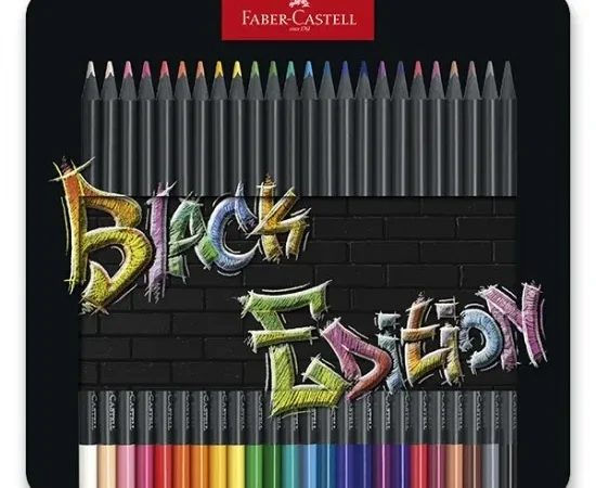 Lápis Black Edition Faber-Castell 24 unidades na caixa metálica sobre a mesa