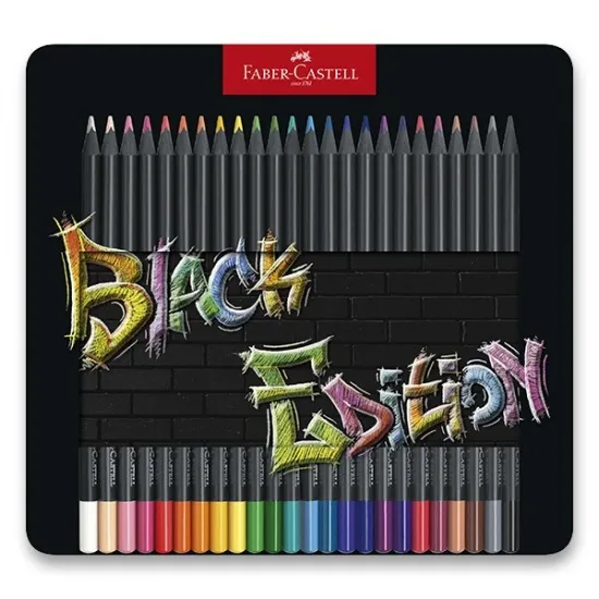 Lápis Black Edition Faber-Castell 24 unidades na caixa metálica sobre a mesa Lápis Black Edition Faber-Castell 24 unidades na caixa metálica sobre a mesa