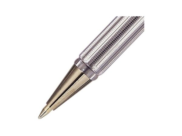 Caneta esferográfica Pentel BK77 transparente com tampa azul.