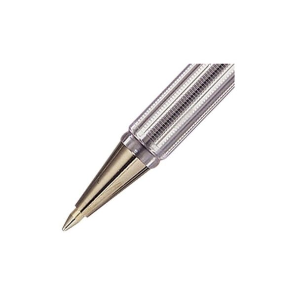 Caneta esferográfica Pentel BK77 transparente com tampa azul.