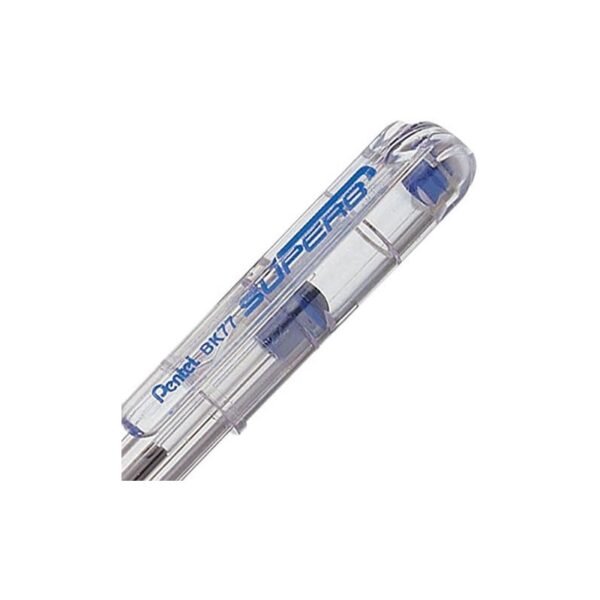 Caneta esferográfica Pentel BK77 transparente com tampa azul.