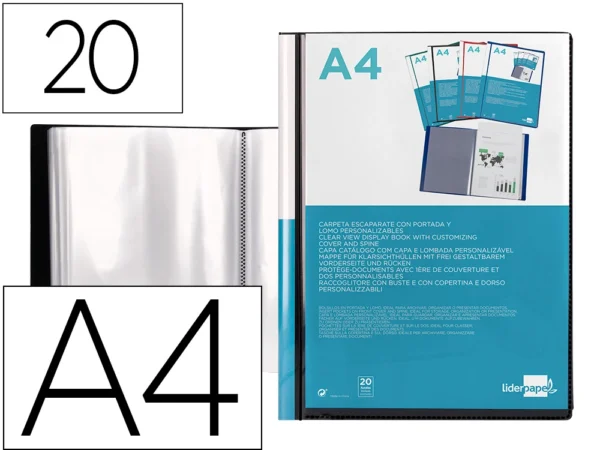 Capa de catálogo Liderpapel A4 azul com 20 bolsas e capa personalizável"