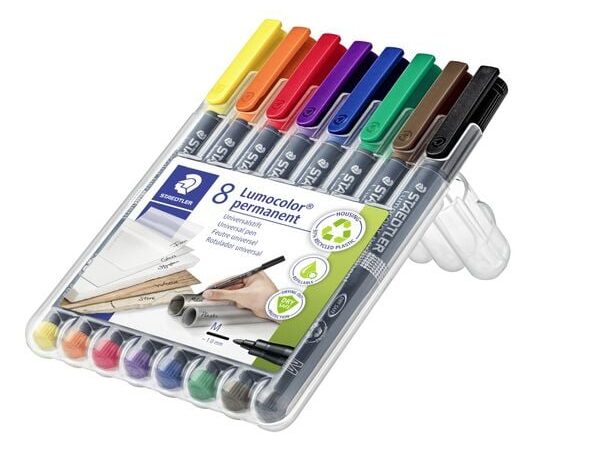 Conjunto de Canetas Staedtler Lumocolor 317 WP8 – Estojo com 8 Cores Traço Fino (M)