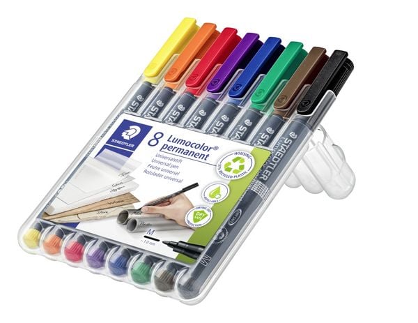 Conjunto de Canetas Staedtler Lumocolor 317 WP8 – Estojo com 8 Cores Traço Fino (M)