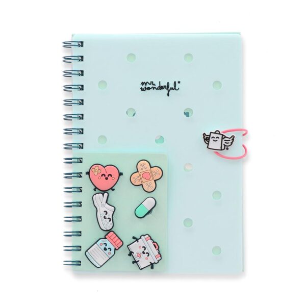 Caderno A5 Mr. Wonderful com charms de borracha".