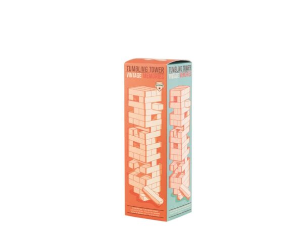 Jogo Tumbling Tower Legami com blocos de madeira empilhados.