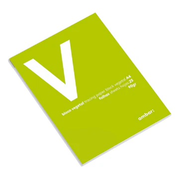 Bloco de papel vegetal Ambar A4 com capa verde-alface vibrante exibindo a letra V grande em branco.