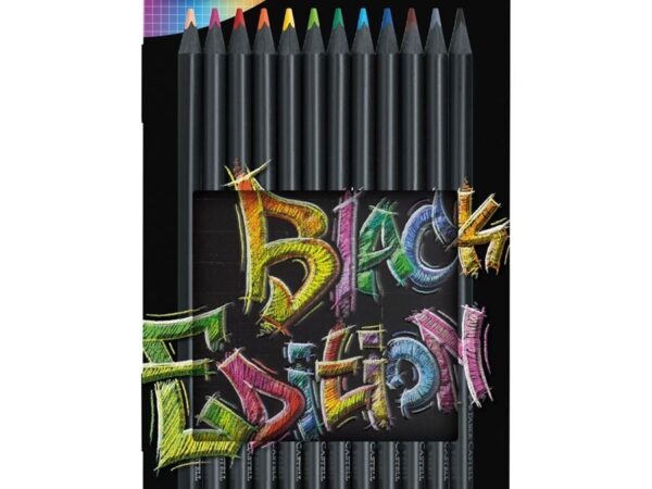 Lápis Black Edition Faber-Castell 12 unidades na caixa metálica sobre a mesa 4005401164135