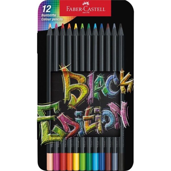 Lápis Black Edition Faber-Castell 12 unidades na caixa metálica sobre a mesa 4005401164135 Lápis Black Edition Faber-Castell 12 unidades na caixa metálica sobre a mesa 4005401164135