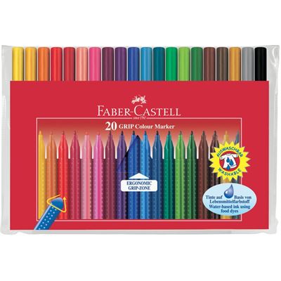 Conjunto de 20 canetas faber castell grip com zona ergonómica em embalagem transparente.