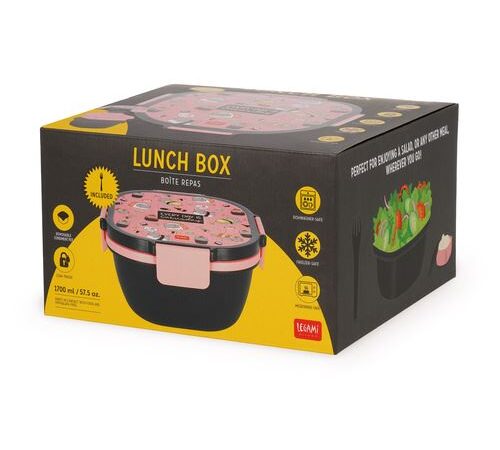 Detalhe do interior da lancheira Legami com divisórias cor-de-rosa e garfo incluído