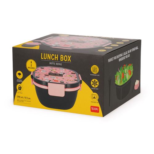 Detalhe do interior da lancheira Legami com divisórias cor-de-rosa e garfo incluído