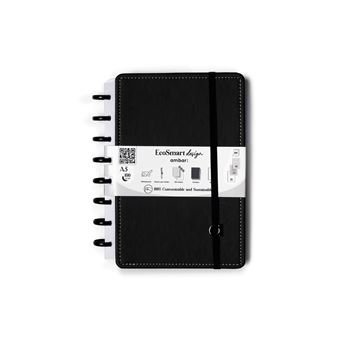 Caderno EcoSmart A5 PU Ambar Preto fechado com sistema de discos e elástico.