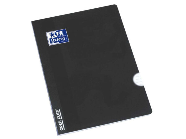 "Caderno Oxford OpenFlex A4 preto com capa de plástico e logótipo de leão.