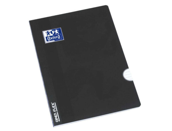 "Caderno Oxford OpenFlex A4 preto com capa de plástico e logótipo de leão.