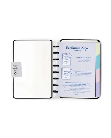Caderno inteligente de discos Ambar EcoSmart A5 com capa preta e cinta de cartão