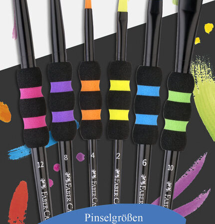 Compre o conjunto de pincéis escolares faber castell soft touch. Pack de 6 unidades com pontas redondas e chatas, pega ergonómica de espuma e cerdas sintéticas.