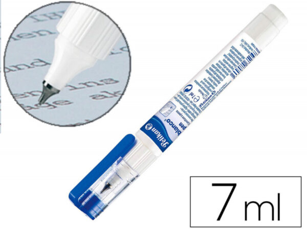 Caneta corretora pelikan Blanco Pen de 7ml em azul e branco, exibindo em grande plano a sua ponta metálica de precisão sobre um papel.