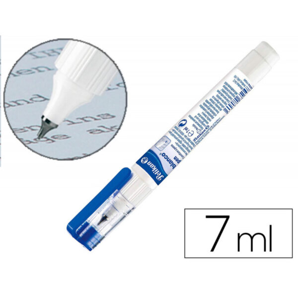 4012700513663 Caneta corretora pelikan Blanco Pen de 7ml em azul e branco, exibindo em grande plano a sua ponta metálica de precisão sobre um papel.