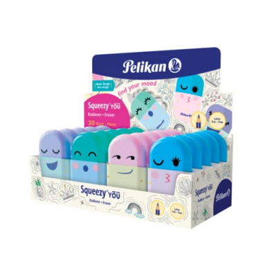 Expositor de Borrachas Pelikan Squeezy You com designs coloridos e ergonómicos
