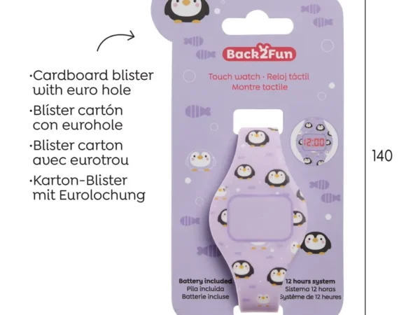 Relógio Digital Infantil Pinguins – Pulseira em Silicone Lilás Soft - Image 3