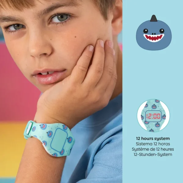 Relógio infantil tubarão digital com pulseira de silicone azul turquesa