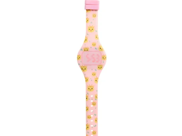 Relógio digital infantil de silicone rosa com padrão de girafas amarelas