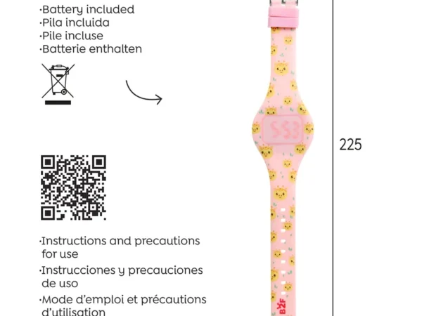 Relógio digital infantil de silicone rosa com padrão de girafas amarelas