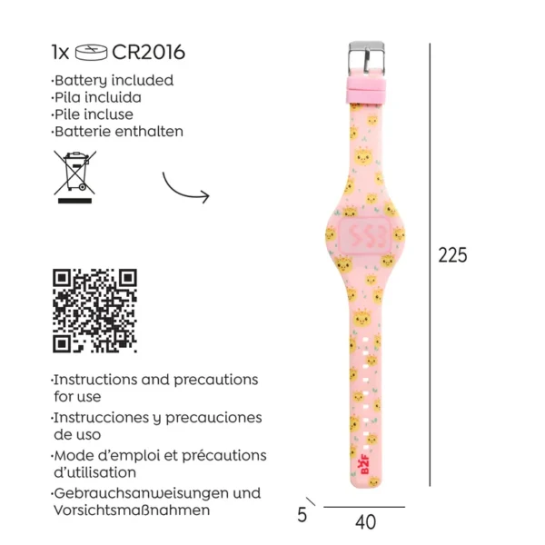 Relógio digital infantil de silicone rosa com padrão de girafas amarelas