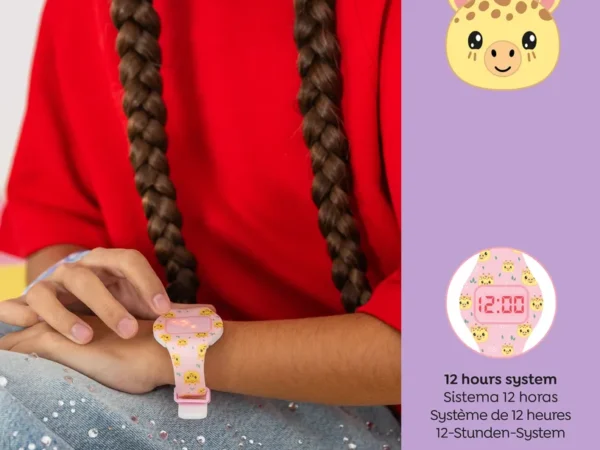 Relógio digital infantil de silicone rosa com padrão de girafas amarelas