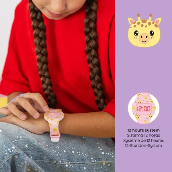 Relógio digital infantil de silicone rosa com padrão de girafas amarelas