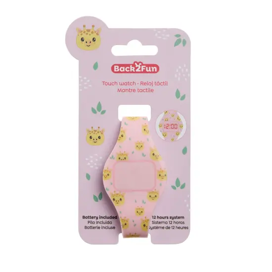 Relógio digital infantil de silicone rosa com padrão de girafas amarelas