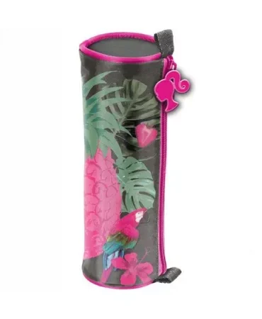 Estojo Tubo Paso Barbie cilíndrico com padrão rosa oficial da boneca.