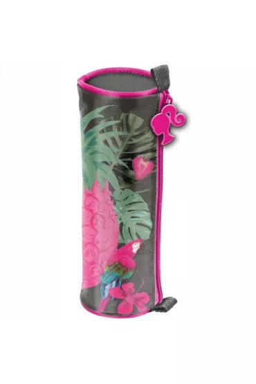 Estojo Tubo Paso Barbie cilíndrico com padrão rosa oficial da boneca.