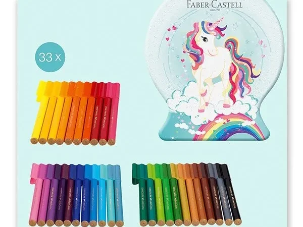 Compre o conjunto de Marcadores de Feltro Faber-Castell Connector Edição Unicórnio. Caixa de metal com 33 cores vibrantes, laváveis e com tampas de encaixe para brincar. 4005401555445