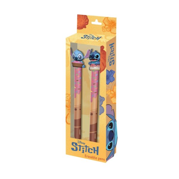 Compre o Pack de 2 Canetas Gel Apagáveis do Stitch da Disney. Canetas com tinta gel azul que apaga por fricção e figuras exclusivas em 3D. Ideal para oferta!