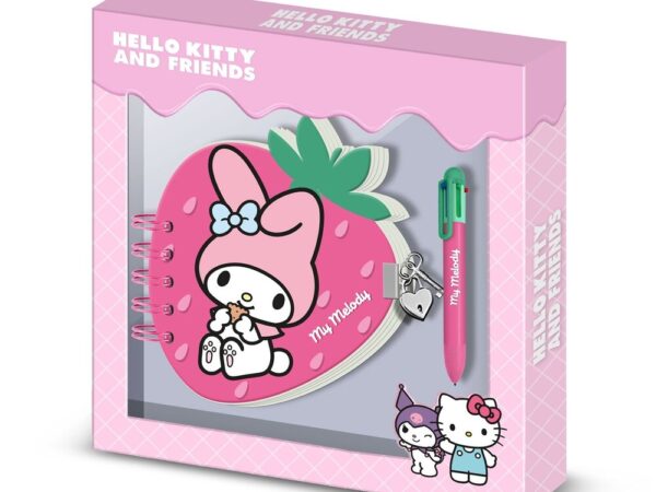 Garanta o seu Diário com cadeado infantil da My Melody Morango. Conjunto oficial com caderno em espiral de capa dura e caneta multicolorida. Aproveite!