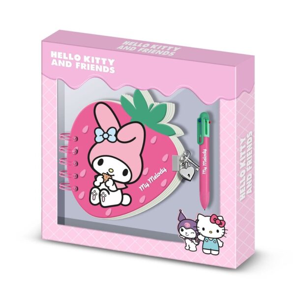 Garanta o seu Diário com cadeado infantil da My Melody Morango. Conjunto oficial com caderno em espiral de capa dura e caneta multicolorida. Aproveite!